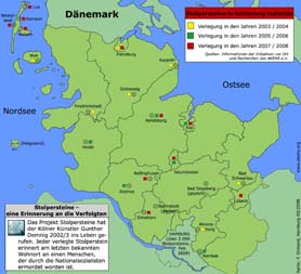 Karte Schleswig-Holsteins mit den Orten, an denen Stolpersteien verlegt worden sind