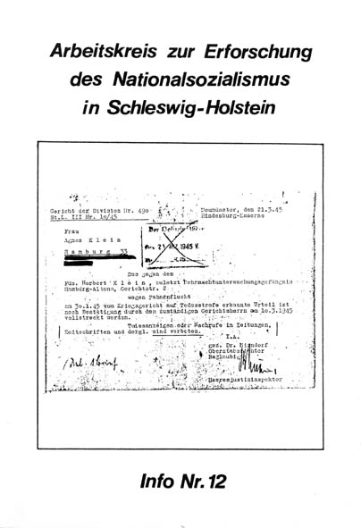 Info 12 Titelbild: Todesurteil, Divisionsgericht, Neumnster 1945